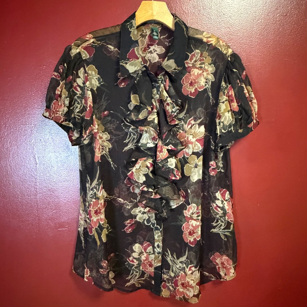 Lauren Ralph Lauren Floral Sheer Blouse Ruffle Tie Neck Size XL Romantic